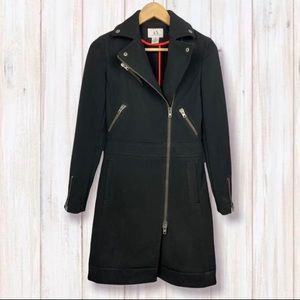 Armani Exchange black coat w/ asymmetrical zipper & bright red lining. Like new.